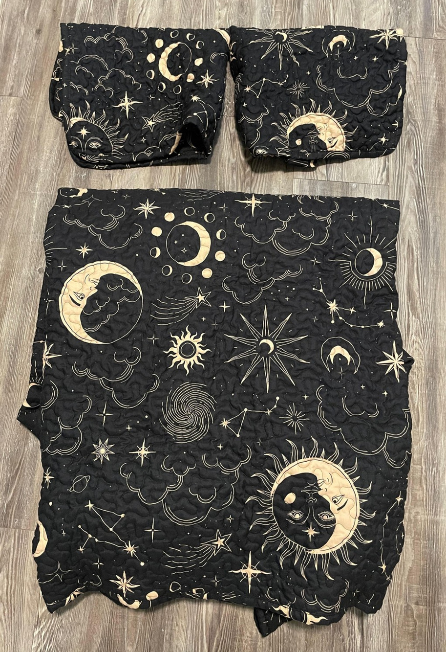 Celestial Sun Moon Quilt Set 83x99 Black Boho Stars 2 Shams Constellation Space